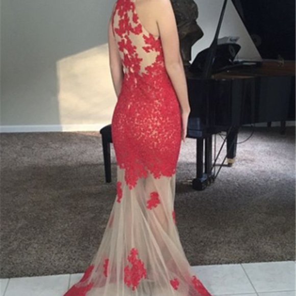 Red & beige sheer and lace formal mermaid prom dress - Picture 2 of 6